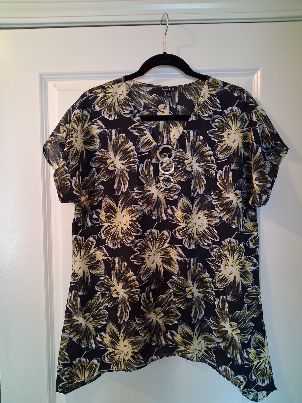 Sami & Jo Black Floral Top with Yellow Accents and Ring Detail